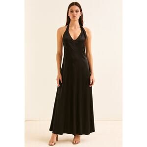 Free People Black Satin Maxi Slip Dress XS — Tie Neck, $250 Retail NWT